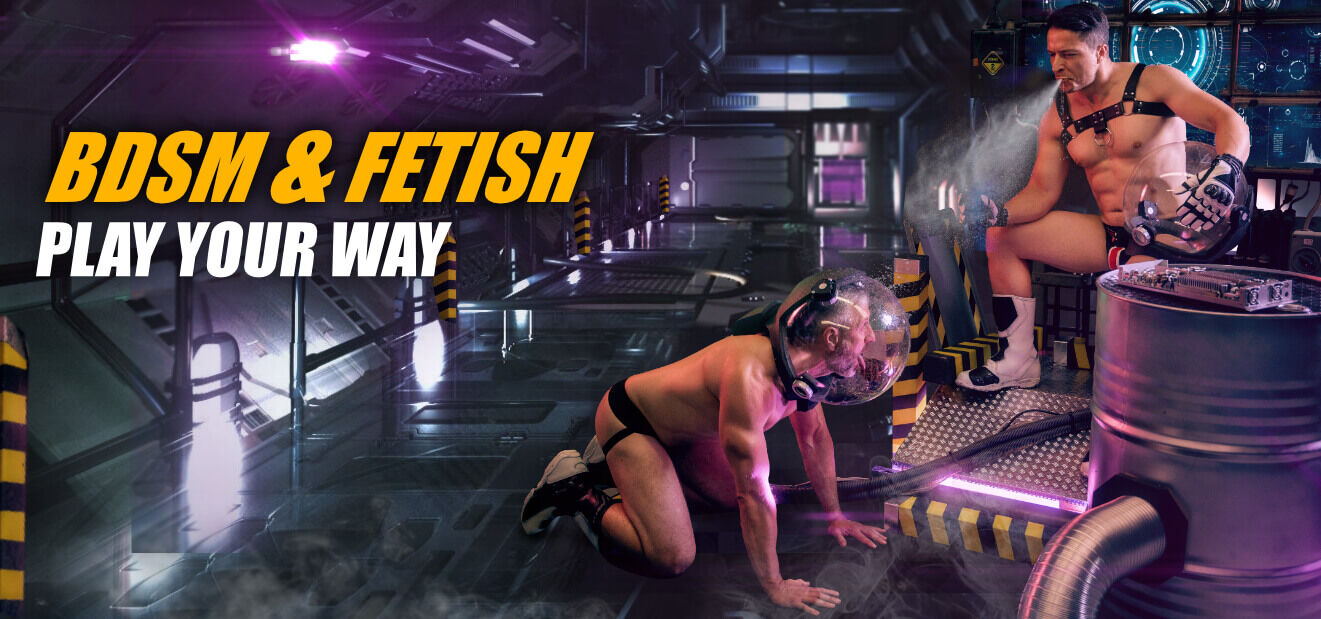 BDSM und Fetisch bei Tom Rocket's: zwei Männer in Harness und Helm in einer Sci-Fi-Kulisse